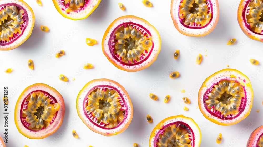 Top view of Passionfruit slice background on white background Top view of Passionfruit slice background on white background