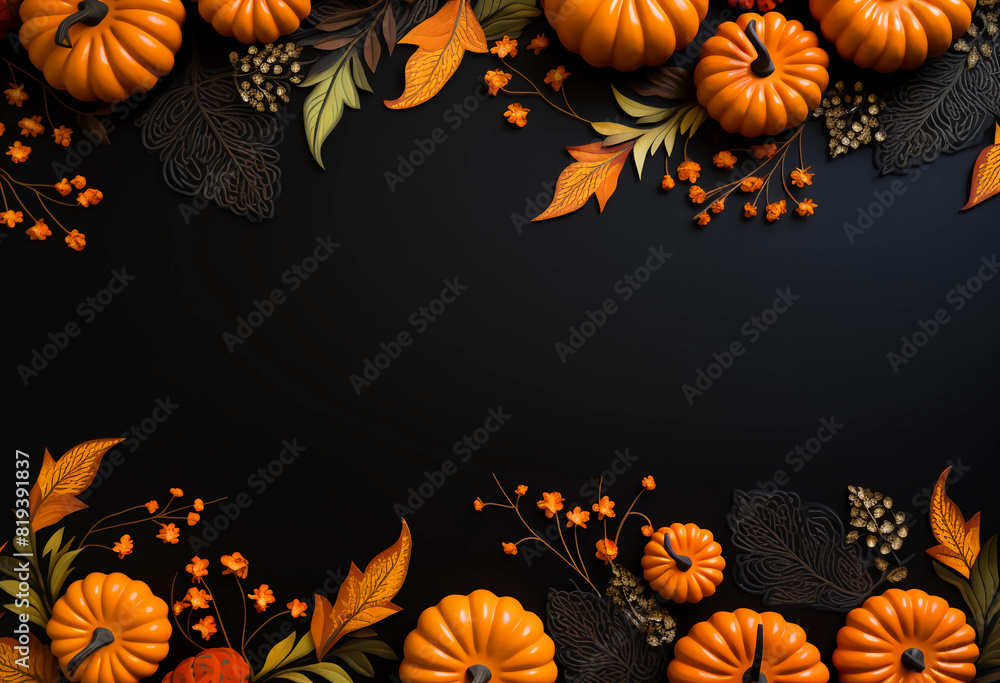 A black background with pumpkins and leaves in the corners, creating an autumnthemed border for text or design elements A black background with pumpkins and leaves in the corners, creating an autumnthemed border for text or design elements