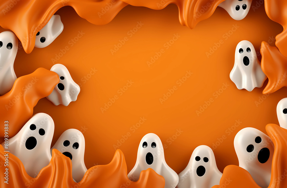 3d cartoon style, orange background with cute white ghosts on the sides 3d cartoon style, orange background with cute white ghosts on the sides