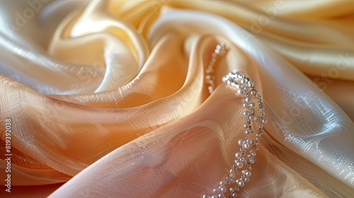 Flowing silk fabric in soft hues, providing an ethereal and luxurious backdrop that complements the finesse of fine jewelry pieces photo