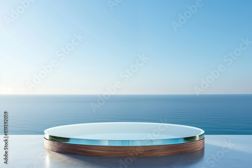  round platform on water  with glass wall panels. Minimal landscape mockup for product showcase banner in blue colors. Modern promotion mock up. Geometric background with empty space.