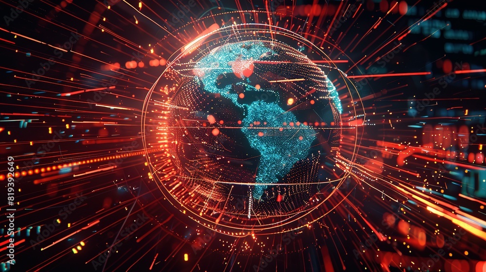 Fototapeta premium Digital world globe spinning out of control, illustrating the extreme speed of global networks and excessive connectivity on Earth, with super-fast data transfer and frenzied business transactions.