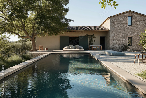 architecture by ai, modern farmhouse with outdoor pool, stone villa, garden furniture, stone walls and terracotta tiles, olive trees, alhambra style, sunny summer day, photorealistic // ai-generated  © DOC