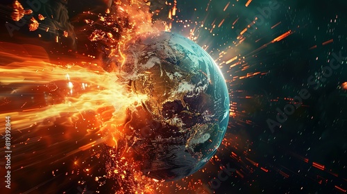 Digital world globe spinning out of control, illustrating the extreme speed of global networks and excessive connectivity on Earth, with super-fast data transfer and frenzied business transactions.