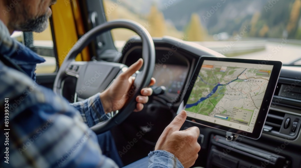 A truck driver checking a route map on a tablet before starting a delivery, with a truck in the background A truck driver checking a route map on a tablet before starting a delivery, with a truck in the background