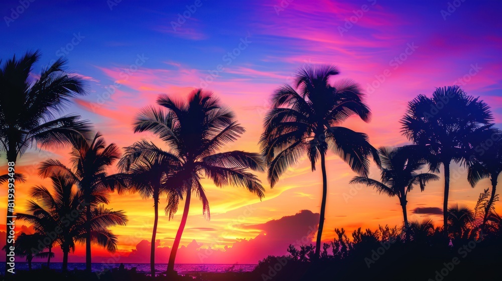 A tropical sunset or sunrise scene with palm trees silhouetted against colorful skies, providing ample space for inspirational quotes or vacation messages. A tropical sunset or sunrise scene with palm trees silhouetted against colorful skies, providing ample space for inspirational quotes or vacation messages.