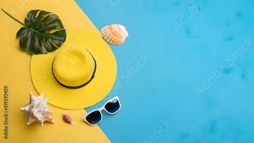 summer-themed blue banner featuring a yellow hat, sunglasses, seashell, and monstera leaf on a corner