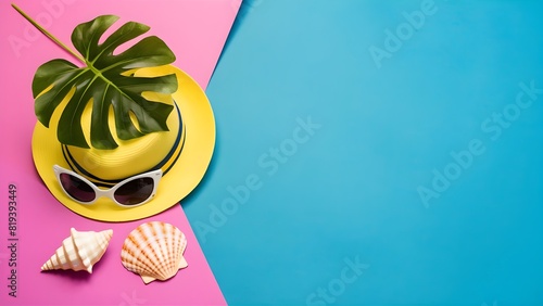 summer-themed blue banner featuring a yellow hat, sunglasses, seashell, and monstera leaf on a corner