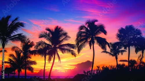 A tropical sunset or sunrise scene with palm trees silhouetted against colorful skies, providing ample space for inspirational quotes or vacation messages. © Cambo27