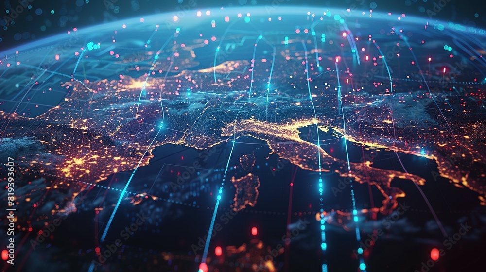 Digital world globe spinning out of control, illustrating the extreme speed of global networks and excessive connectivity on Earth, with super-fast data transfer and frenzied business transactions. Digital world globe spinning out of control, illustrating the extreme speed of global networks and excessive connectivity on Earth, with super-fast data transfer and frenzied business transactions.