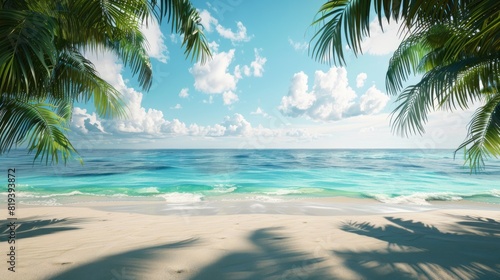A tropical island scene with palm trees  white sand  and turquoise waters  leaving blank space in the foreground for customizable messages.