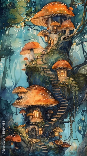 Whimsical mushroom houses in a magical forest, richly painted in watercolor