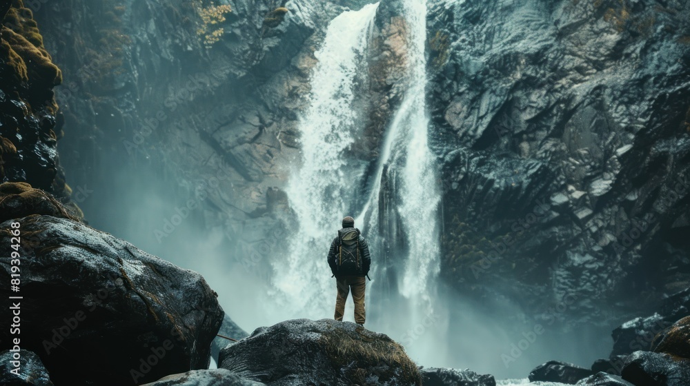 Obraz premium A solo traveler admiring a majestic waterfall in a remote wilderness area, experiencing the thrill of adventure travel