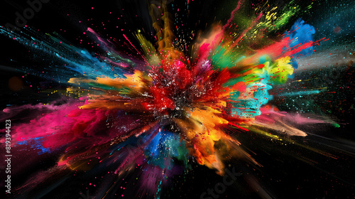 Black background with a splash of vibrant color exploding outwards in an abstract pattern