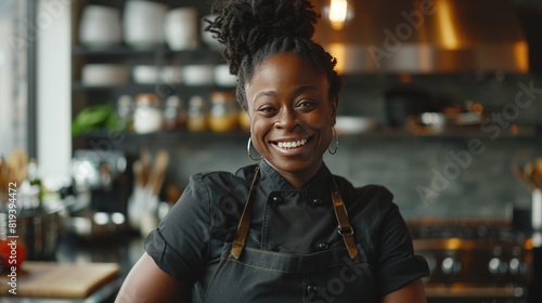 TV Cooking Show in Restaurant Kitchen. Portrait of Black Female Celebrity Chef Talks, Teaches Fun Way How to Cook Food photo