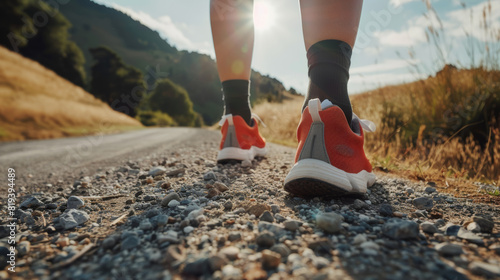 Close-up of a person walking on a gravel road with athletic shoes. Outdoor exercise and fitness concept with scenic background.