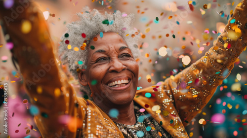 Happy elderly woman winning competition. Senior african american black woman celebrating at party with confetti. Candid mature winner