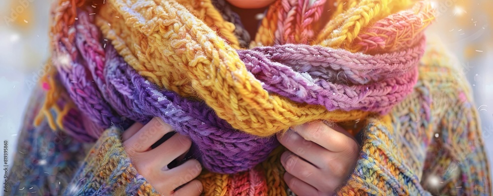A persons hand knitting a cozy winter scarf A persons hand knitting a cozy winter scarf