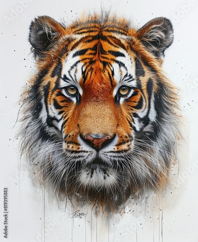 Generate a striking and detailed illustration of a tiger against a clean  white background. Ensure the image captures the essence of strength and beauty.