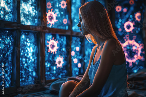 Young sad woman sits on bed in self isolation surrounded by purple viruses on dark background symbolically located outside room. Girl afraid of viruses and stays at home in quarantine