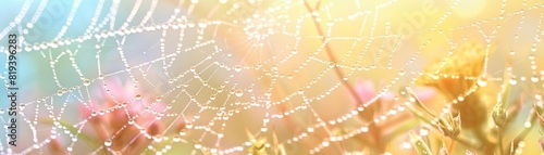 Closeup of dewdrops glistening on spiderwebs in the early morning light © CassiOpeiaZz