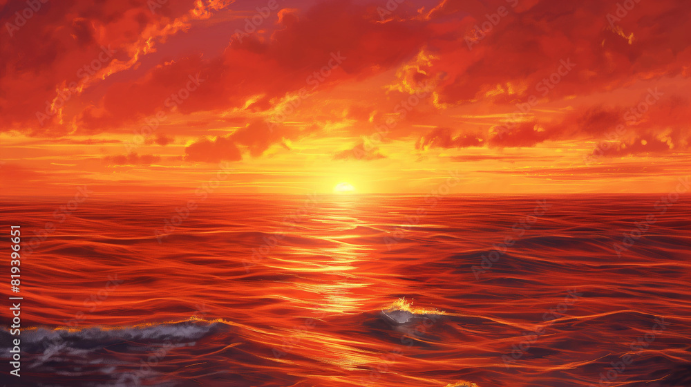 a mesmerizing image of a sunset over the ocean, where the sky is painted in hues of orange and red, and the calm waves reflect the fading sunlight, creating a romantic and serene ambiance