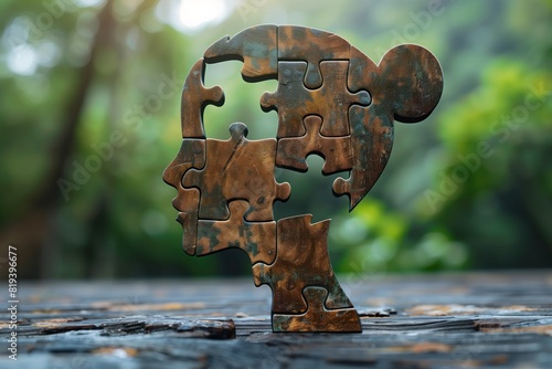 Woman head made from puzzles with missing pieces. Concept of psychological trauma and lack of what desired. Psychological concept for psychologists