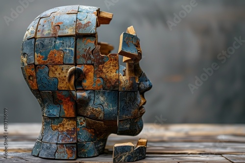 Human head from wooden puzzle with missing pieces, symbolizing irreparable life losses and traumas. Psychological concept