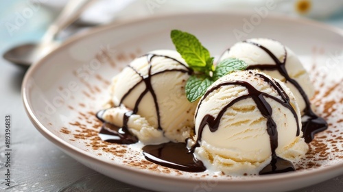  Two scoops of vanilla ice cream with chocolate syrup drizzled over them, garnished with a mint leaf.