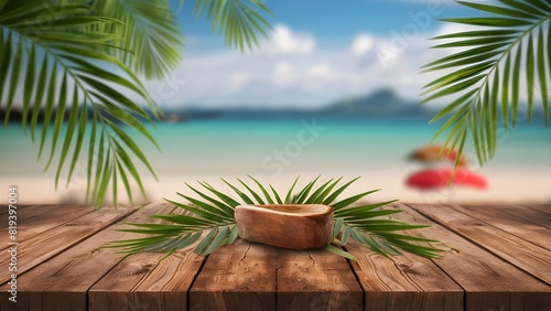 wooden table with palm leaves and a blurred background of the sea and sky at a tropical beach