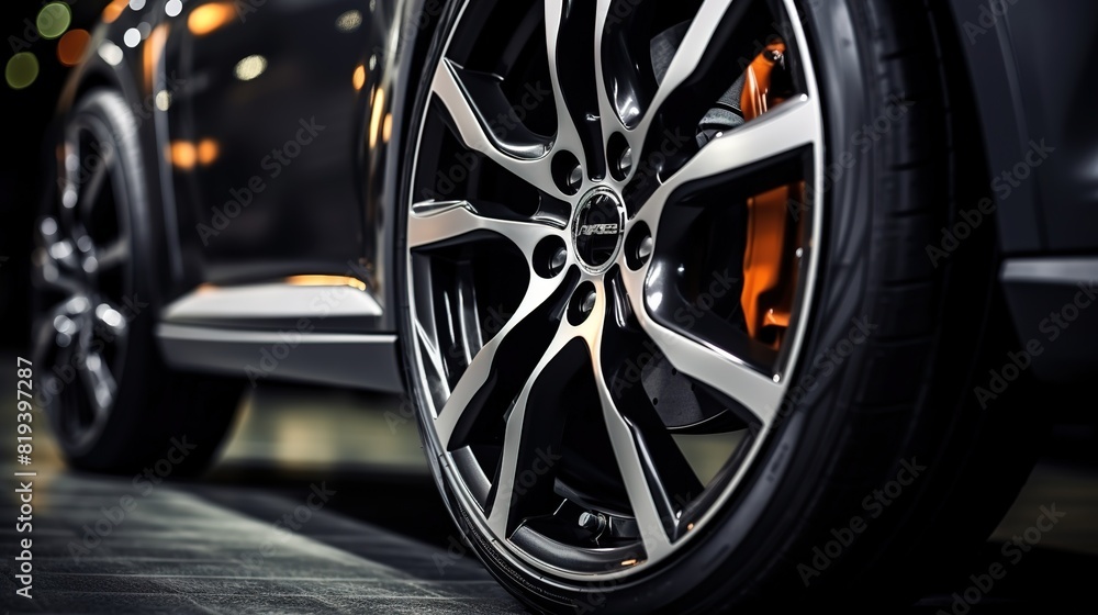 Beautiful powerful alloy wheels for SUVs close-up on a black background, copy space panoramic ai