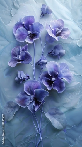 Elegant purple flowers on a light blue textured background, creating a serene and calming aesthetic. Perfect for decor or artistic projects. © INsprThDesign