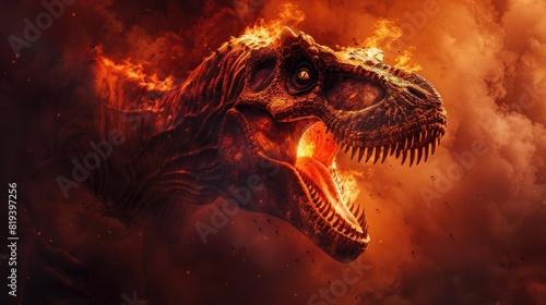 Tyrannosaurus T-rex  dinosaur on smoke and fire background. Global catastrophe. A dinosaur escapes from the flames.