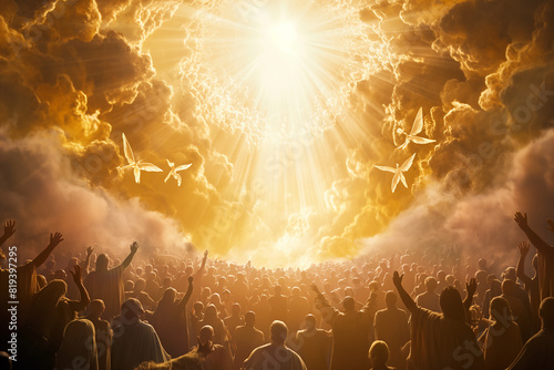 fantasy doves flying in all directions in front of a golden heaven sky, heavenly rays of light, large crowd of people with their hands rised in worship, angels in the sky, illustration // ai-generated
