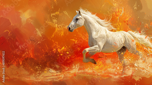 A white horse running against an orange and red abstract background  in the digital painting style with fantasy art influences.