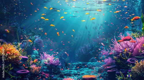 Underwater with colorful sea life fishes and plant at seabed background, Colorful Coral reef landscape in the deep of ocean. Marine life concept