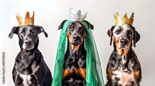 Three dogs wear crowns and green cape. Cute picture of royal dogs. Fun costume idea for pets. Perfect for social media and pet product promotions. AI