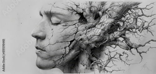A surrealistic drawing blending elements of nature and human faces, using graphite to create shadow and depth