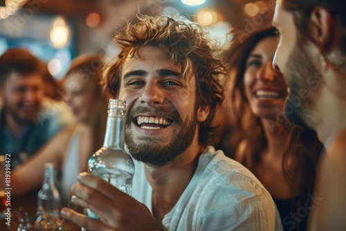 A tipsy individual at a party, holding a bottle of alcohol and laughing with friends in the background