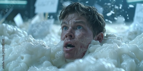 Man submerged in foam or bubbles, appearing distressed in an intense moment, possibly from a dramatic or sci-fi scene, with signs in the background. photo