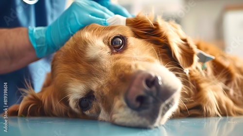 Golden Retriever at the Veterinarian. Close-up of a dog in a vet clinic. Veterinary care scene. Perfect for health and wellness promotions. AI photo