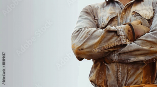 A man wearing a dirty denim jacket is standing with his arms crossed. Concept of toughness and resilience, as the man is ready for any challenge that comes his way photo