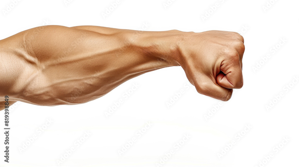 A man's arm is flexed and his fist is clenched. Concept of strength and power A man's arm is flexed and his fist is clenched. Concept of strength and power