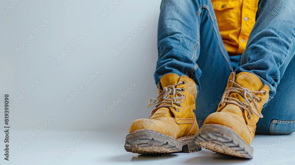 A person is sitting with their legs crossed and wearing yellow boots. The boots are tied with a rope A person is sitting with their legs crossed and wearing yellow boots. The boots are tied with a rope