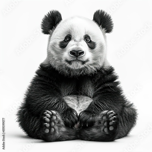 Giant panda full body sitting  front view  black and white photo image