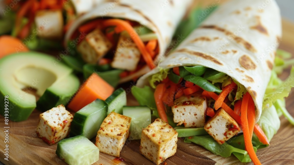 Vegan tortilla wraps with tofu, salad, cucumber, carrots and avocados Vegan tortilla wraps with tofu, salad, cucumber, carrots and avocados