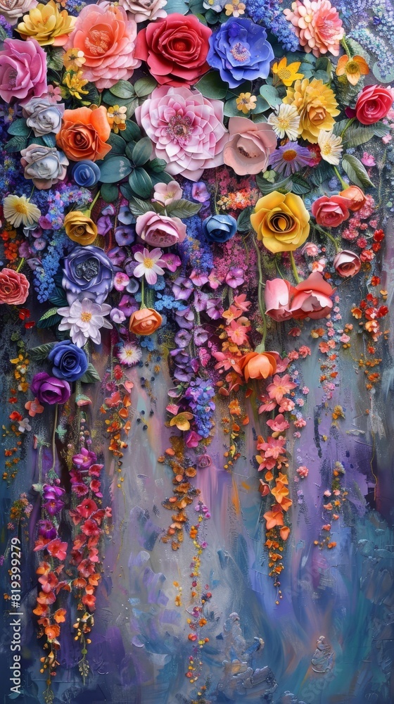 Fototapeta premium Vibrant floral artwork featuring a cascade of colorful flowers in various hues, perfect for adding a touch of nature to any space.
