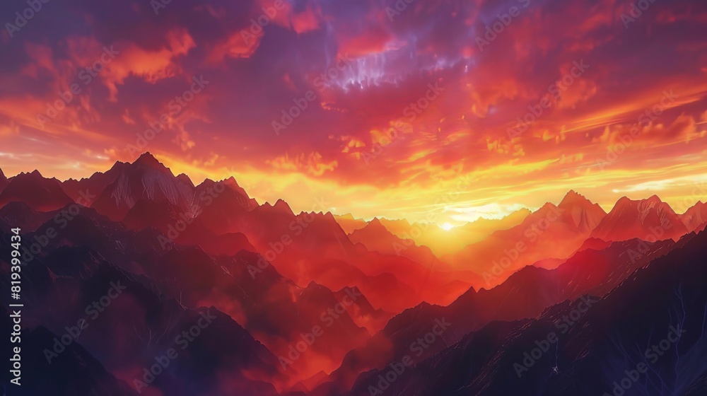A mesmerizing sunset over the mountains, captured up close, with rich hues of orange and pink painting the sky, rugged peaks in silhouette A mesmerizing sunset over the mountains, captured up close, with rich hues of orange and pink painting the sky, rugged peaks in silhouette