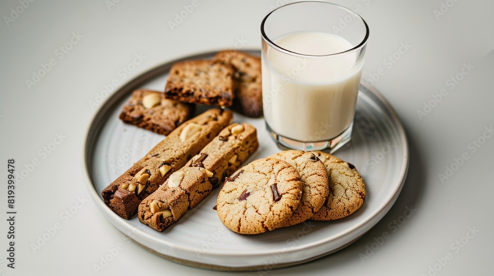 Advertising image of a plate of cookies and biscotti with a glass of milk, close-up, isolated background, studio lighting capturing the scene perfectly Advertising image of a plate of cookies and biscotti with a glass of milk, close-up, isolated background, studio lighting capturing the scene perfectly
