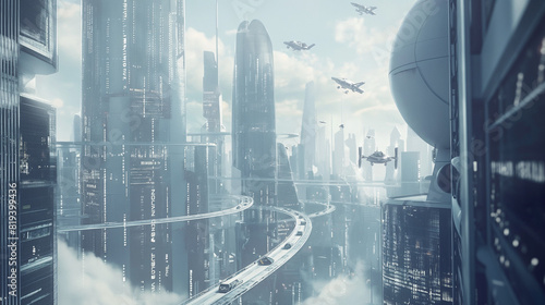 a background of a futuristic cityscape with sleek glass skyscrapers, elevated walkways, and flying vehicles, portraying a vision of a progressive and technologically advanced world